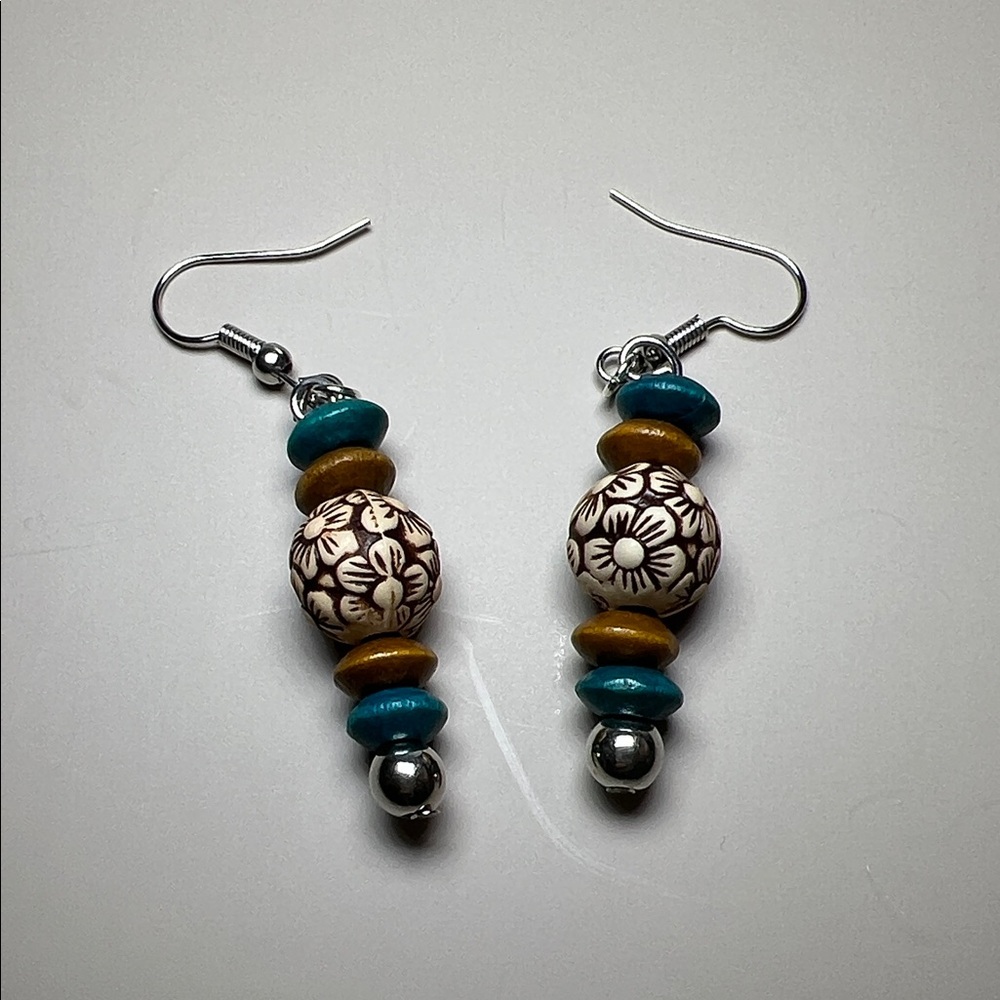 Hand Crafted Floral Beaded Earrings with Silver and Blue Accents
